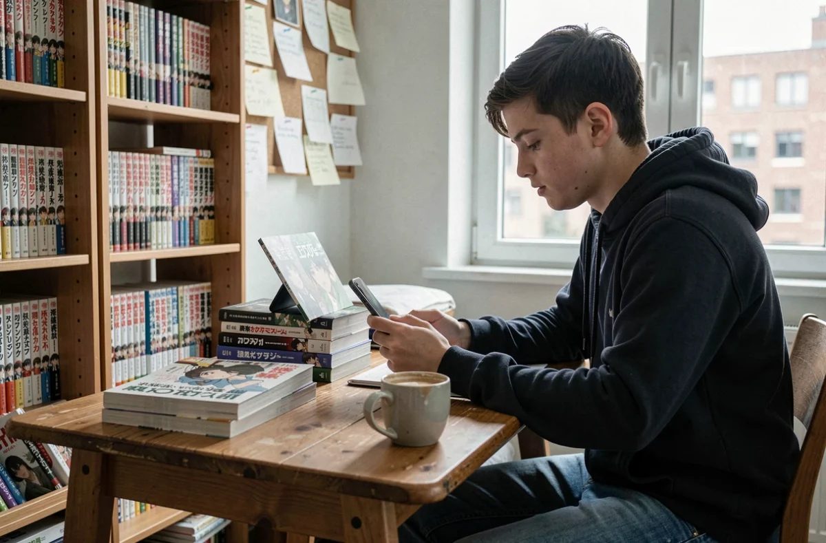Adolescent lisant des scans manga sur smartphone posé sur un bureau d'étudiant avec des volumes de manga en arrière-plan