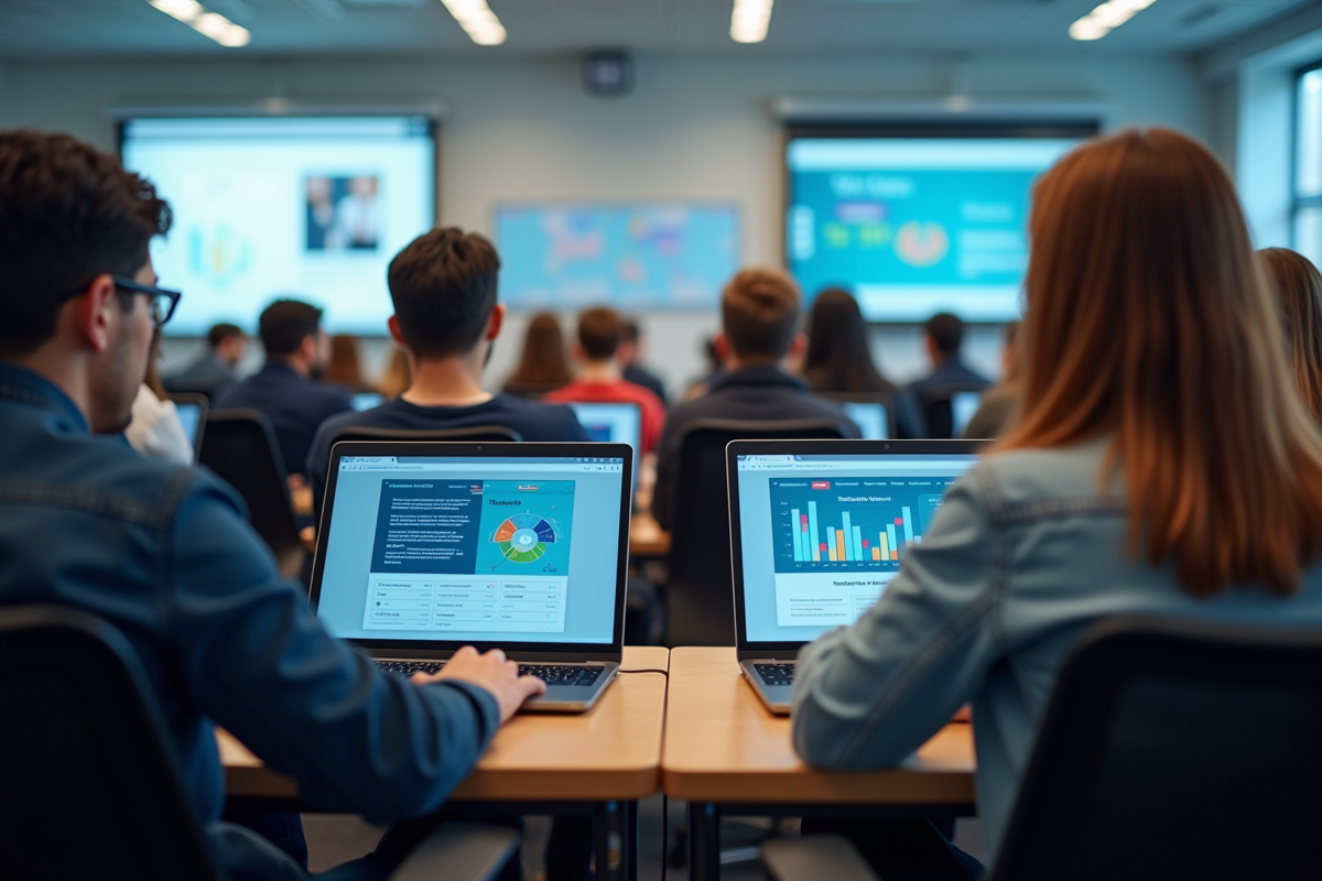 Groupe d'étudiants en formation numérique dans une salle lumineuse
