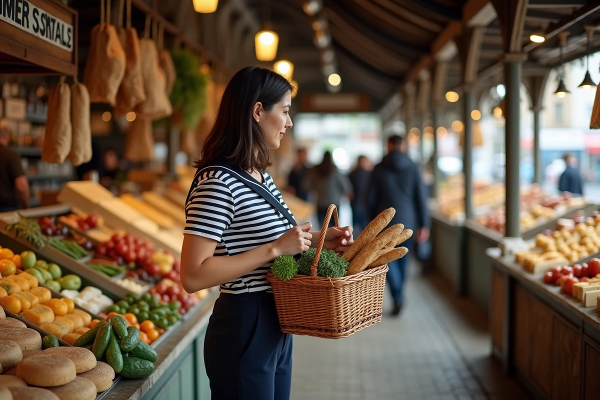 Jeune femme expatriée adoptant les habitudes parisiennes au marché couvert traditionnel avec panier en osier et produits frais