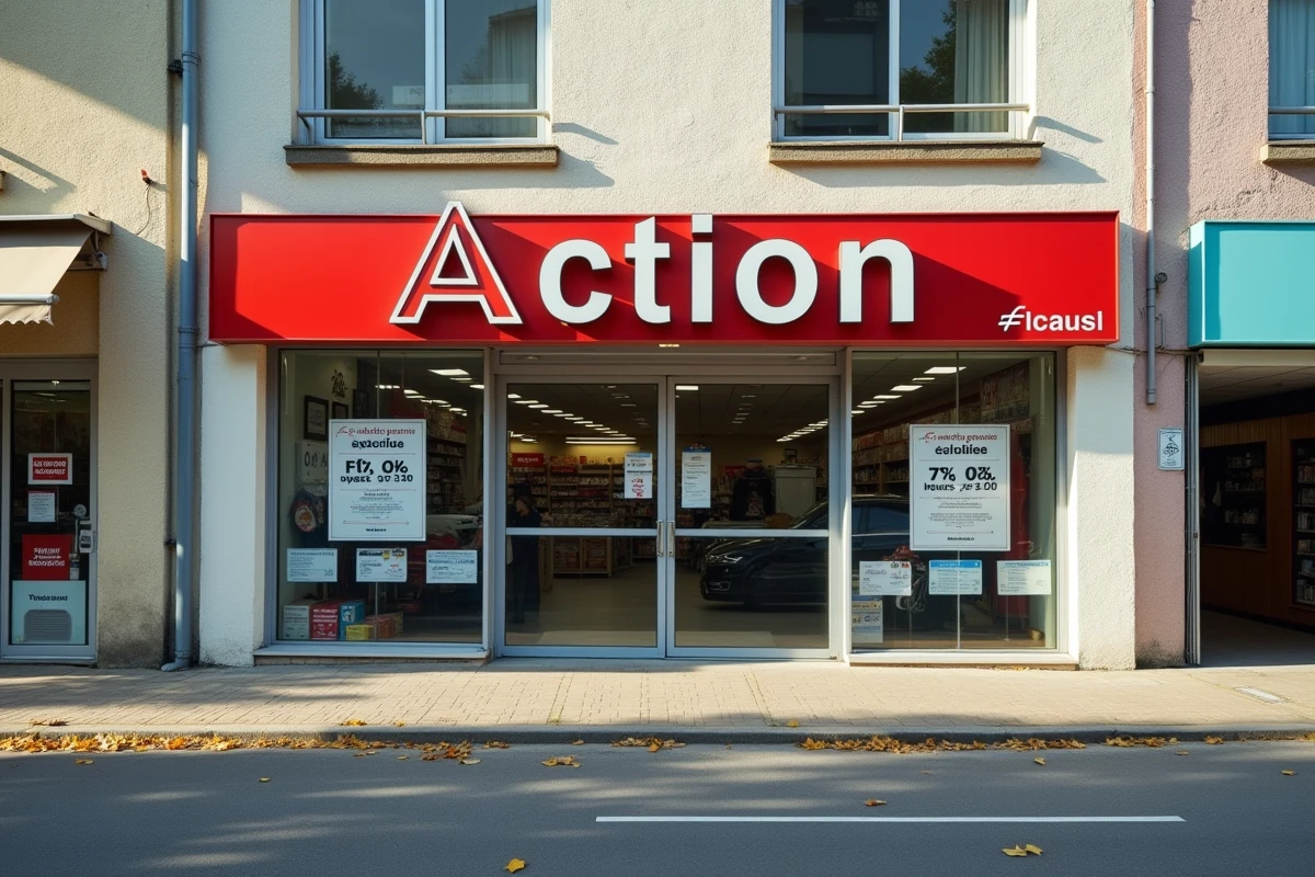 Façade du magasin Action fermé un dimanche matin dans une petite ville de province
