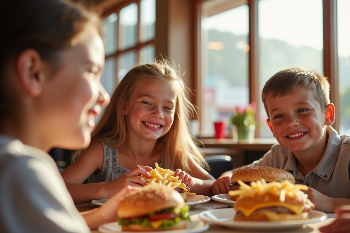 Famille heureuse au Burger King avec bon d vacances