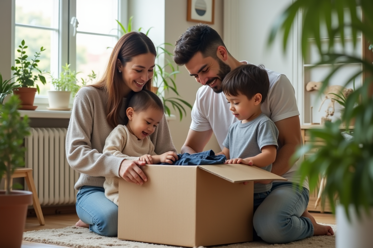 Famille déballant des vêtements d