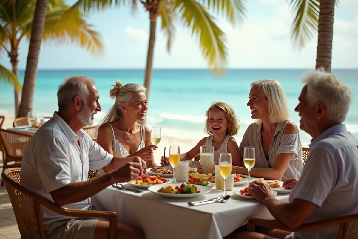 Famille multigeneration partageant un repas en extérieur