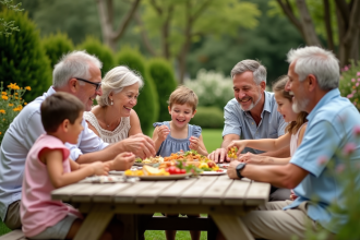 Famille multigenerational réunie dans le jardin en été