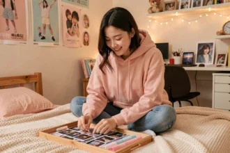Jeune femme fan de K-pop organisant ses photocards et lightsticks dans une chambre décorée de posters coréens