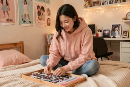 Jeune femme fan de K-pop organisant ses photocards et lightsticks dans une chambre décorée de posters coréens