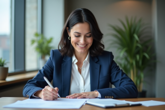 Femme d'âge moyen dans une banque souriante en examinant des documents