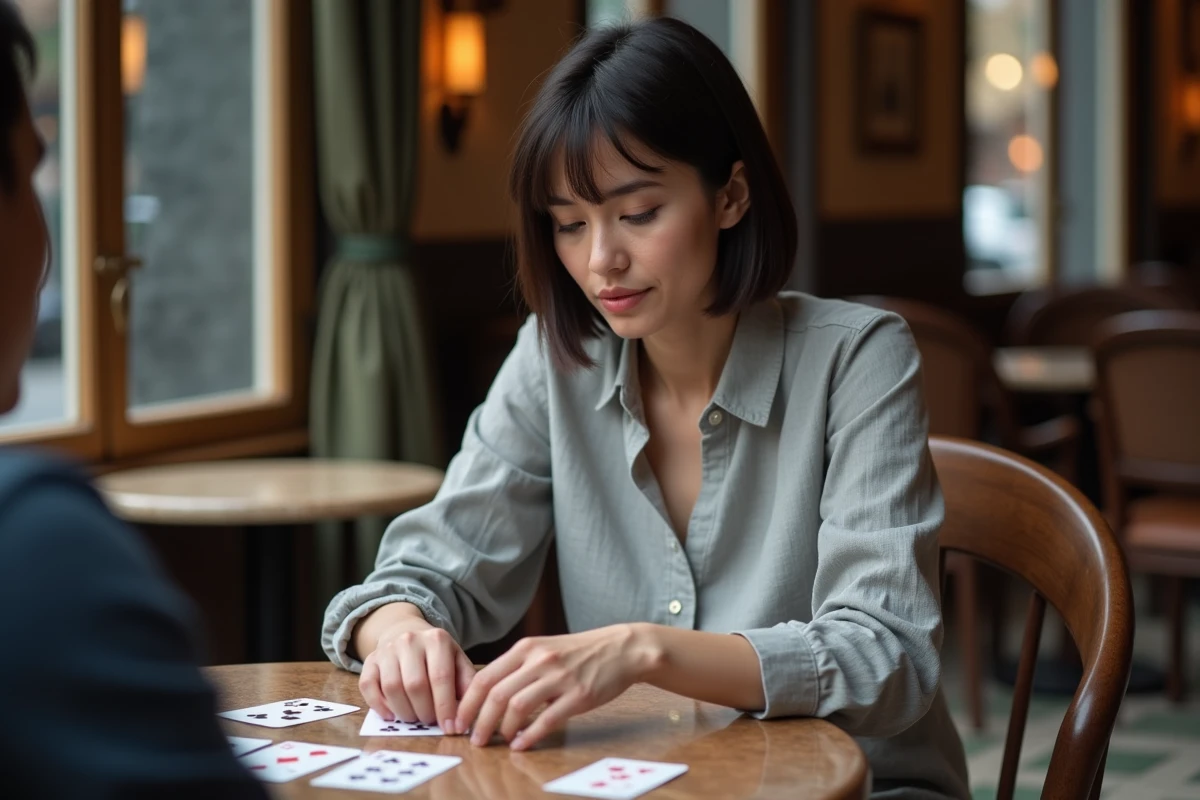 Femme concentrée jouant à la belote dans un café parisien, illustrant l'entraînement à la belote en tête-à-tête