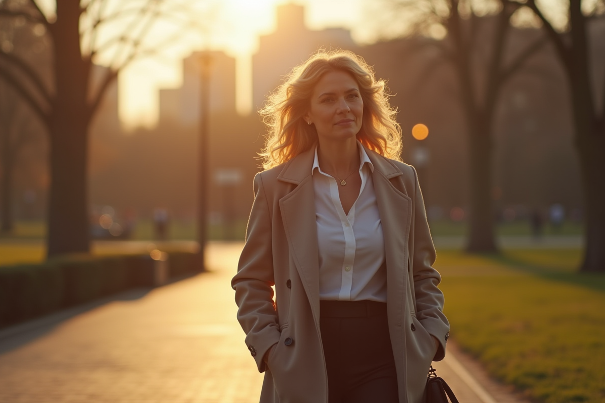 Femme blonde marchant dans un parc en ville au coucher du soleil