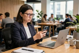 Femme en bureau qui regarde un numéro de téléphone inconnu sur son smartphone avec une expression intriguée