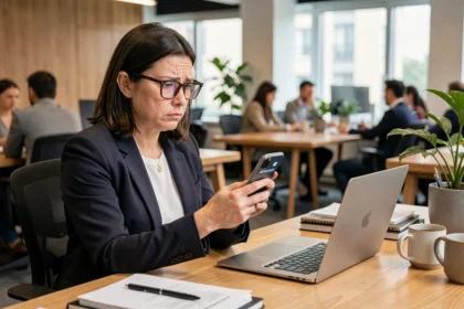 Femme en bureau qui regarde un numéro de téléphone inconnu sur son smartphone avec une expression intriguée