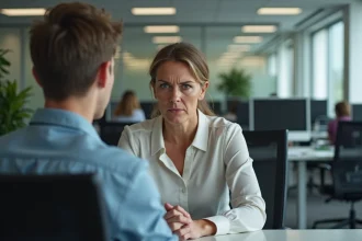 Femme d'âge moyen au bureau avec collègue nerveux