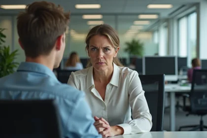 Femme d'âge moyen au bureau avec collègue nerveux