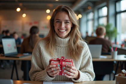 Jeune femme souriante avec cadeau de secret santa