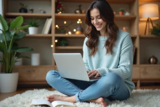 Femme souriante en pull bleu préparant des cadeaux de Noël