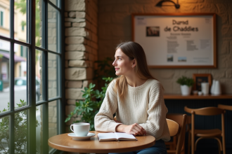 Jeune femme dans un café cosy en province française