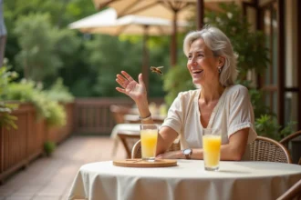 Femme détendant au café en été avec limonade et guêpe