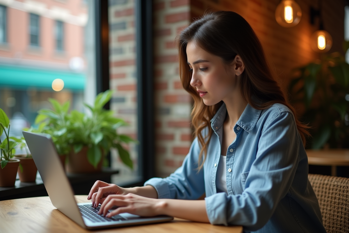 Jeune femme en tenue décontractée travaille sur un ordinateur dans un café