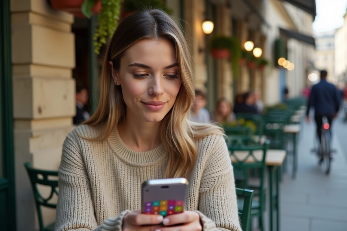 Jeune femme française avec smartphone et calendrier des anniversaires