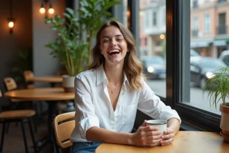 Jeune femme souriante dans un café chaleureux