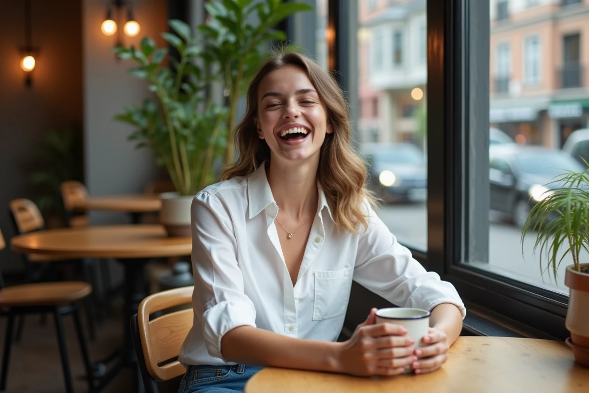Jeune femme souriante dans un café chaleureux