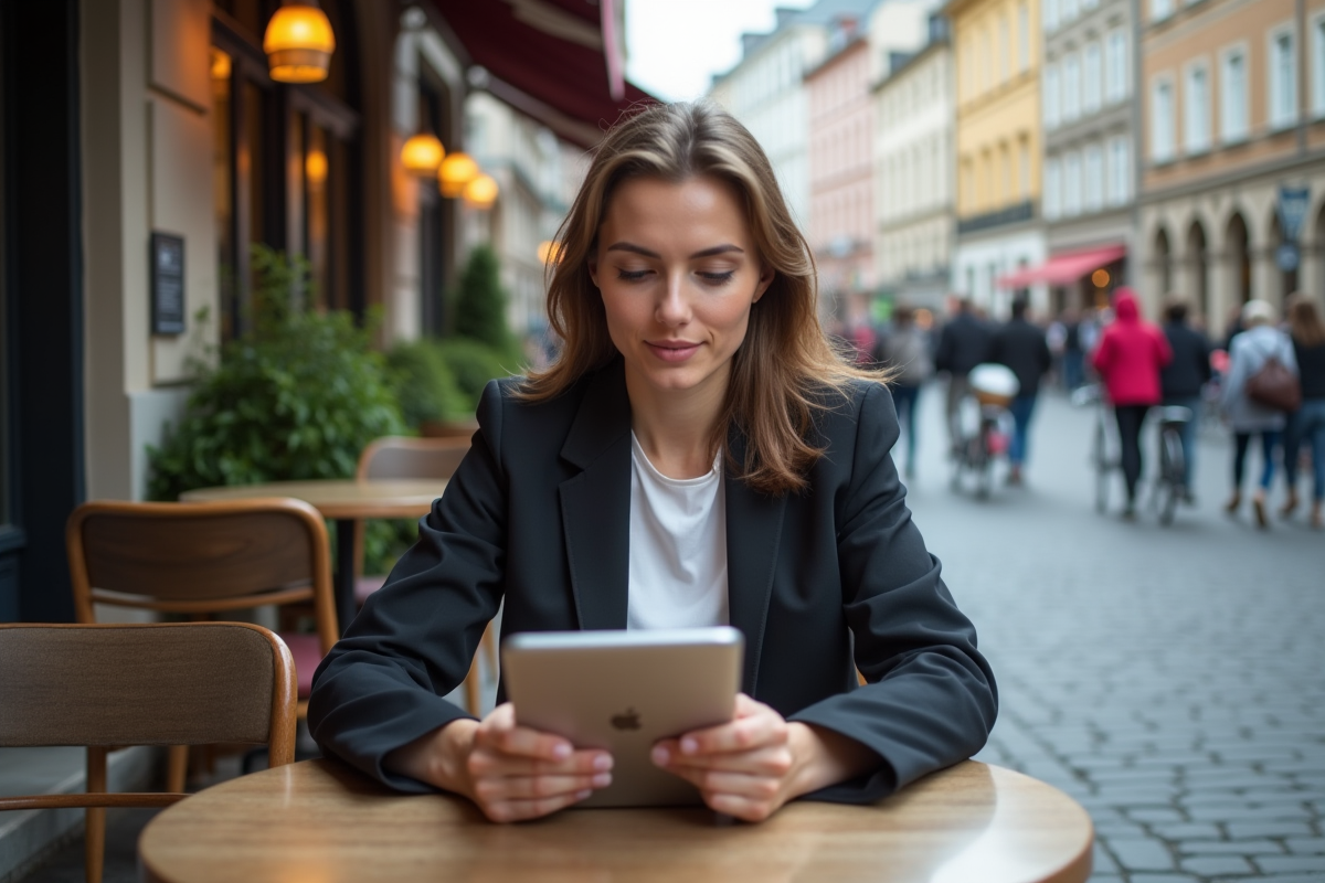 Femme jeune utilisant une tablette en terrasse de café