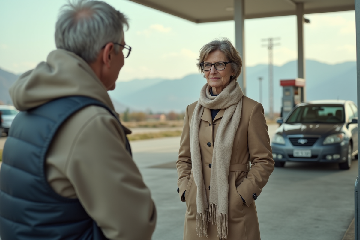 Femme discutant avec un pompiste à la station essence