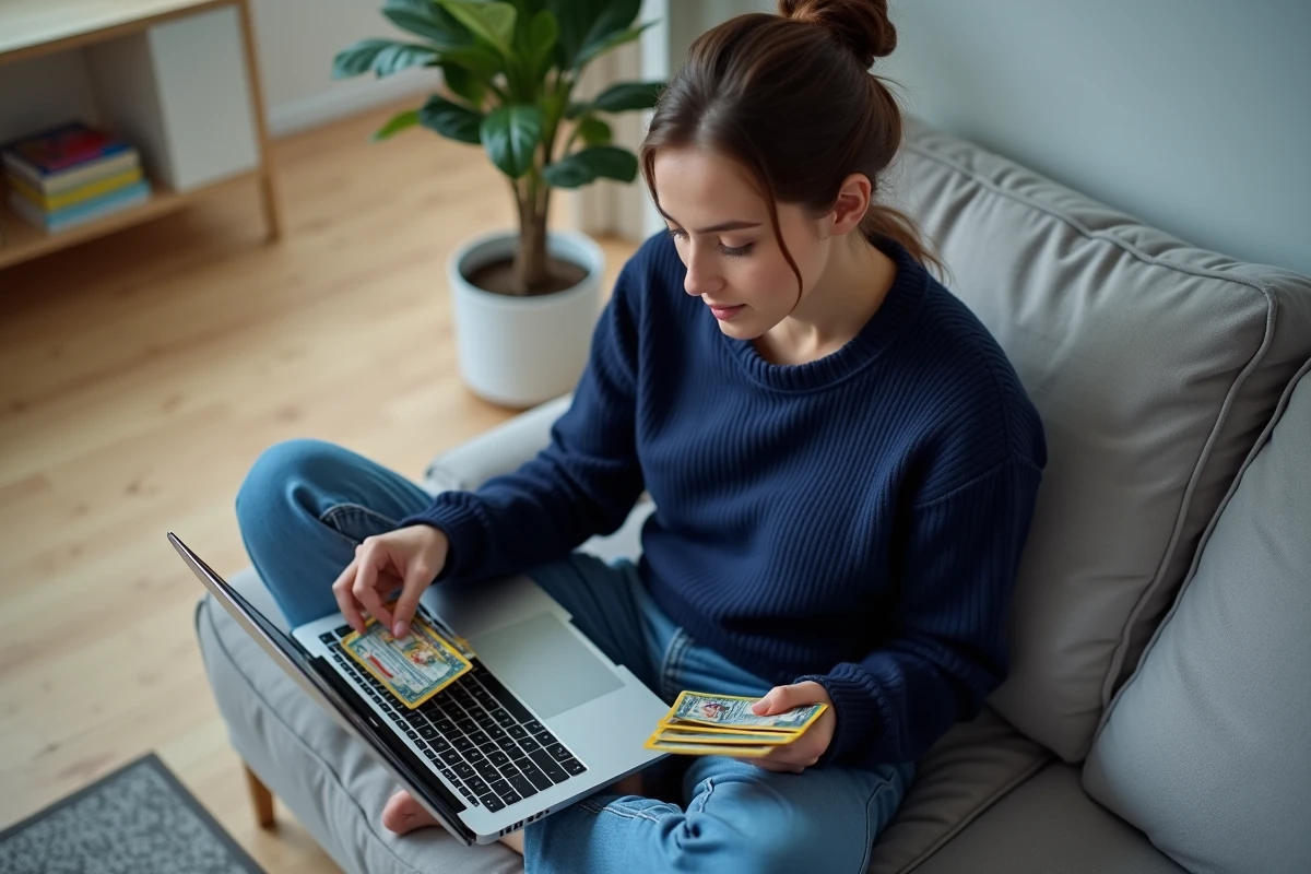 Femme consultant une base de données de cartes Pokémon en ligne sur son ordinateur portable tout en tenant des cartes physiques dans son salon
