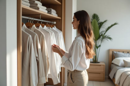 Femme en sélection de chemise blanche dans une chambre moderne