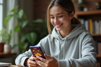 Jeune femme jouant à Coin Master sur smartphone depuis son bureau à domicile, illustrant l'accès à des tours gratuits sans connexion