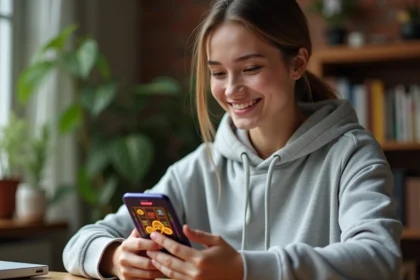 Jeune femme jouant à Coin Master sur smartphone depuis son bureau à domicile, illustrant l'accès à des tours gratuits sans connexion