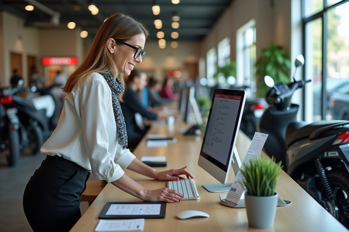 Femme d age moyen examine un ordinateur dans un showroom moto