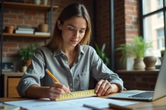 Femme mesurant une règle pieds et centimètres à son bureau avec un convertisseur en ligne ouvert sur son ordinateur portable
