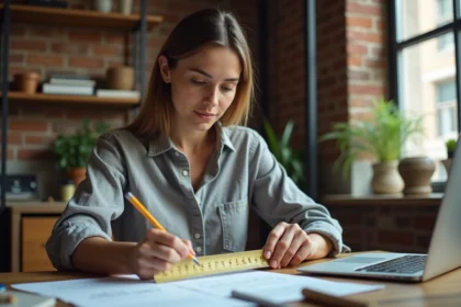 Femme mesurant une règle pieds et centimètres à son bureau avec un convertisseur en ligne ouvert sur son ordinateur portable