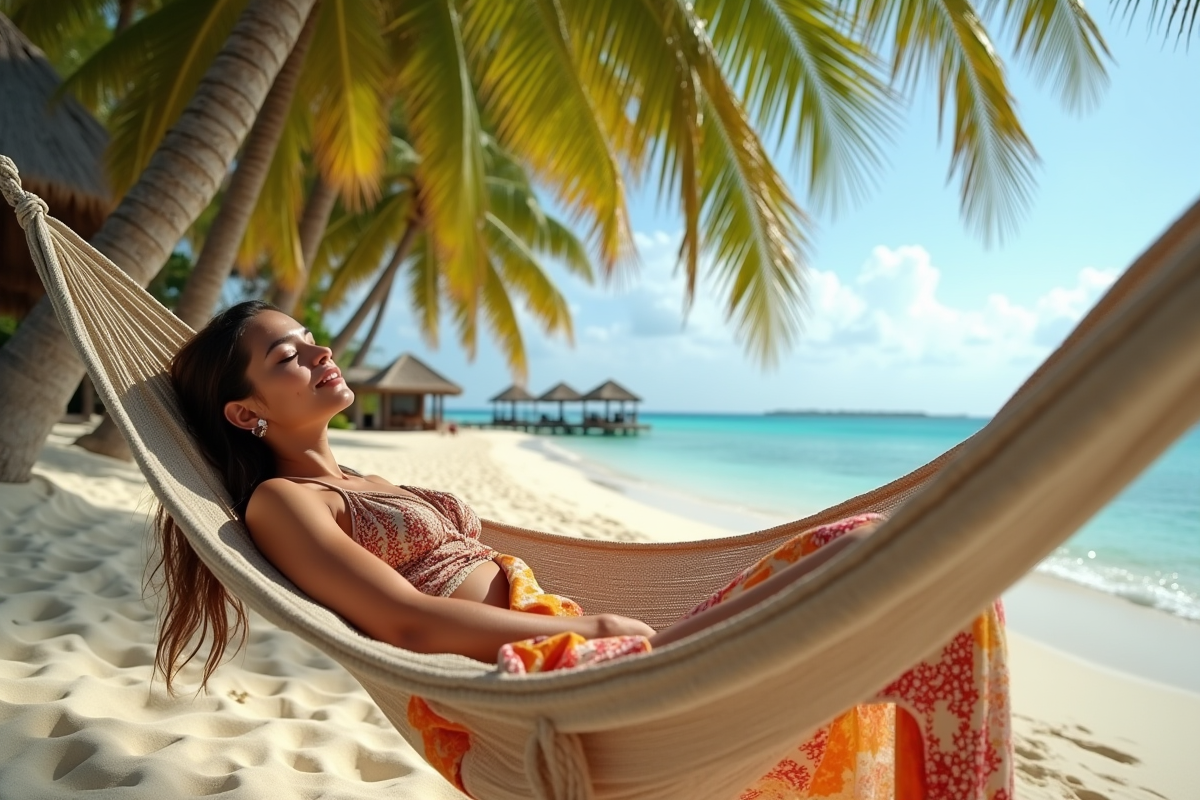 Jeune femme relaxant dans un hamac sur la plage au Costa Rica