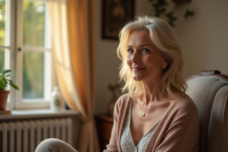 Femme élégante aux cheveux blonds souriant près d'une fenêtre