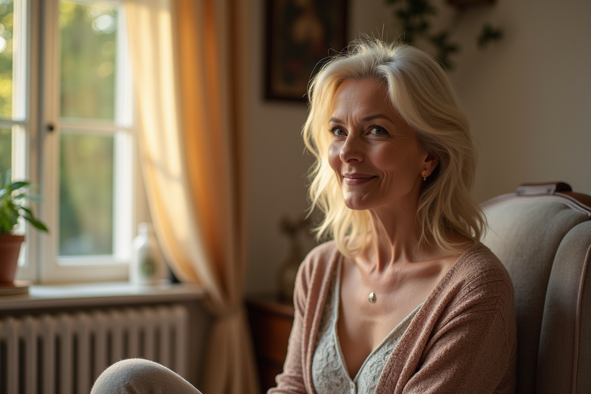 Femme élégante aux cheveux blonds souriant près d'une fenêtre