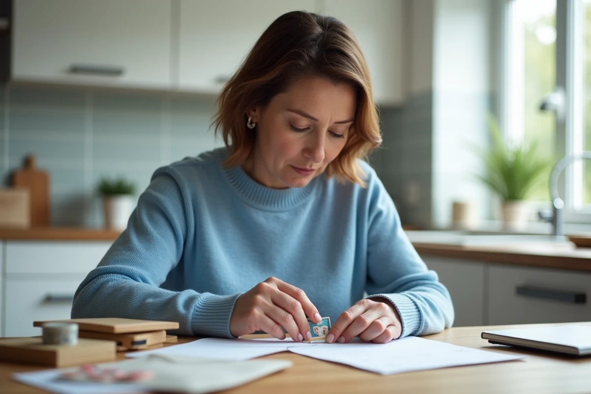 Femme en train d affranchir une lettre dans la cuisine