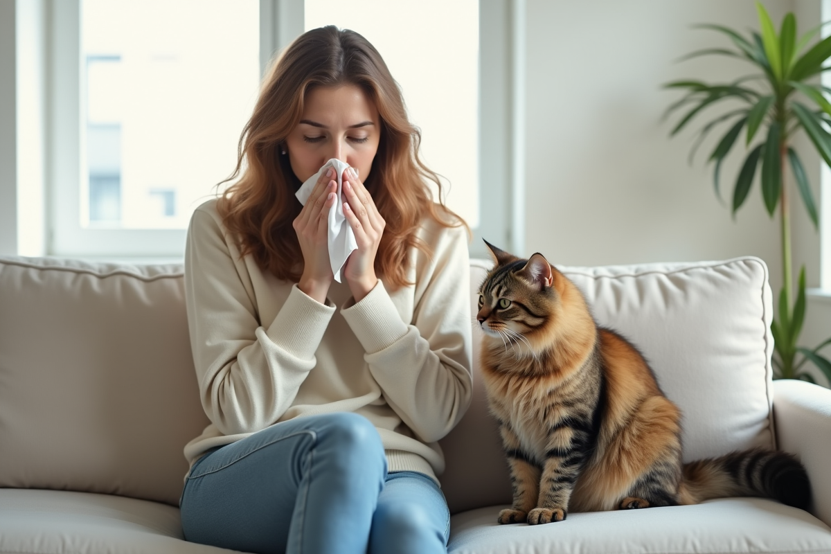 Jeune femme éternuant avec un chat à côté dans un salon lumineux