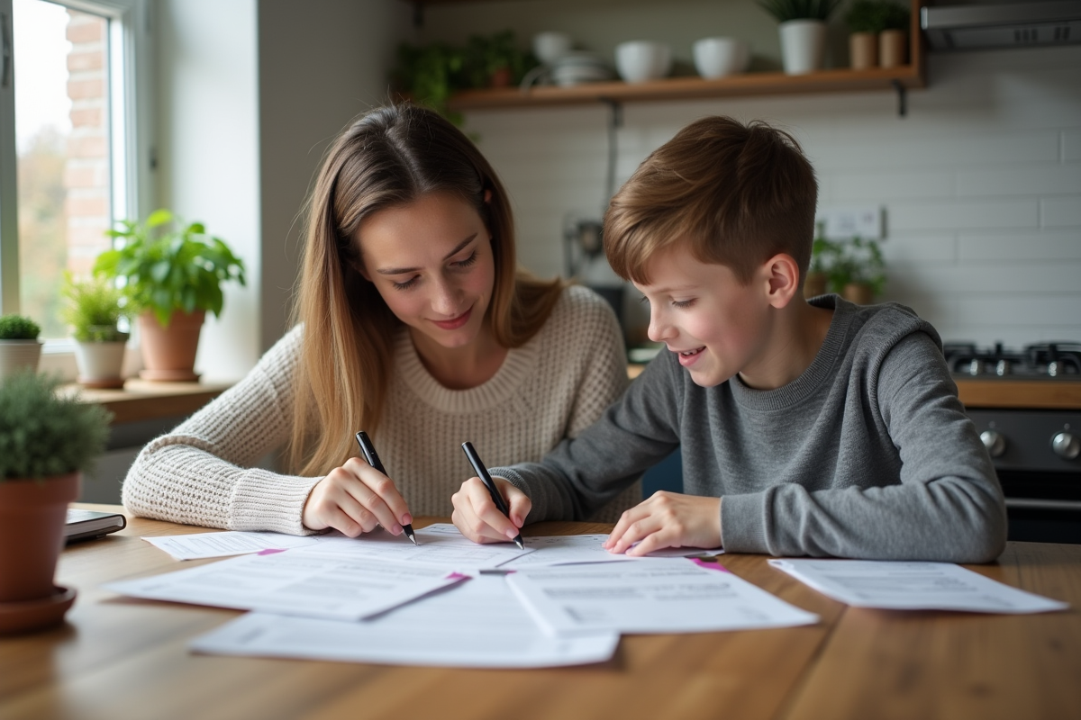 Femme et adolescent examinent des factures à la maison