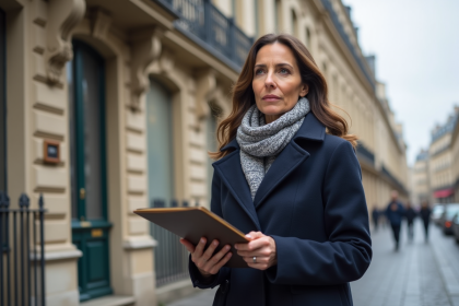 Femme élégante tenant un dossier immobilier devant un immeuble parisien