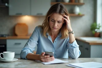Femme inquiète avec smartphone dans une cuisine moderne
