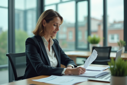 Femme d affaires en costume examine rapports d investissement durables