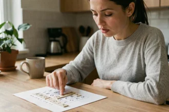 Femme concentrée résolvant un jeu de mots croisés 4 images 1 mot à 8 lettres sur une feuille posée sur une table en bois