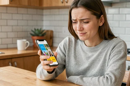 Jeune femme jouant au jeu 4 images 1 mot sur smartphone dans une cuisine moderne