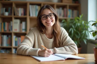 Jeune femme souriante jouant à un jeu de mots dans la cuisine