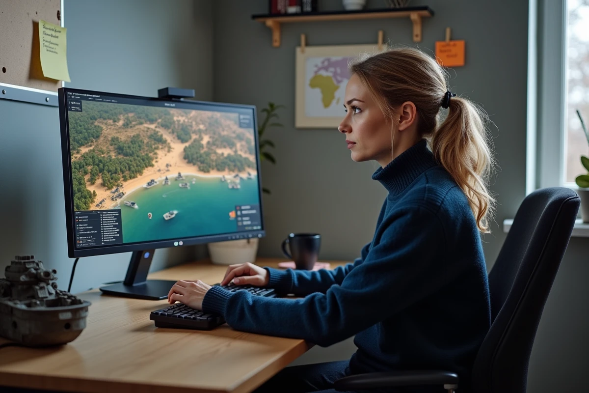 Femme adulte jouant à un jeu de stratégie historique numérique sur la Seconde Guerre mondiale devant un écran d'ordinateur dans un bureau à domicile