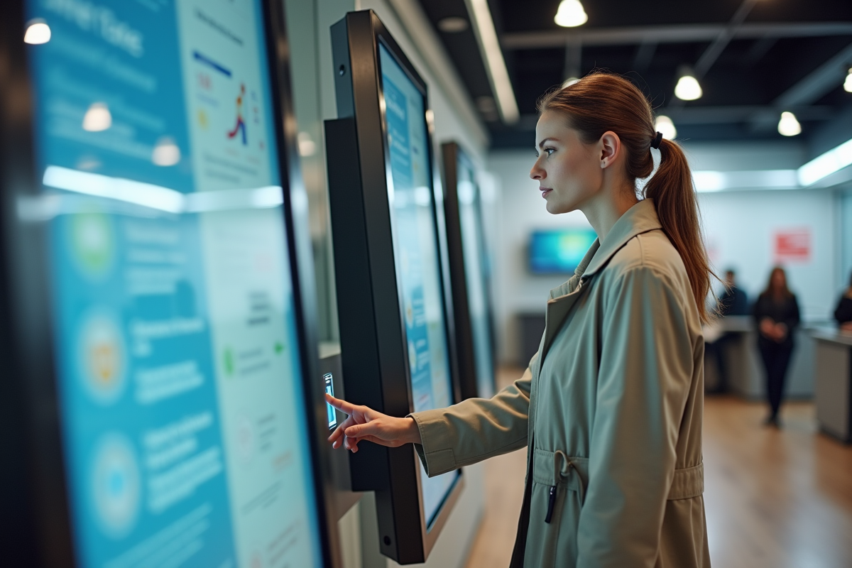 Jeune femme utilisant un kiosque interactif d