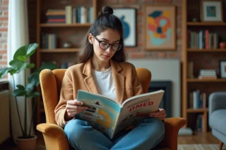 Femme lisant un magazine coloré dans un intérieur cosy