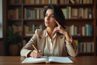 Femme méditant dans une bibliothèque chaleureuse